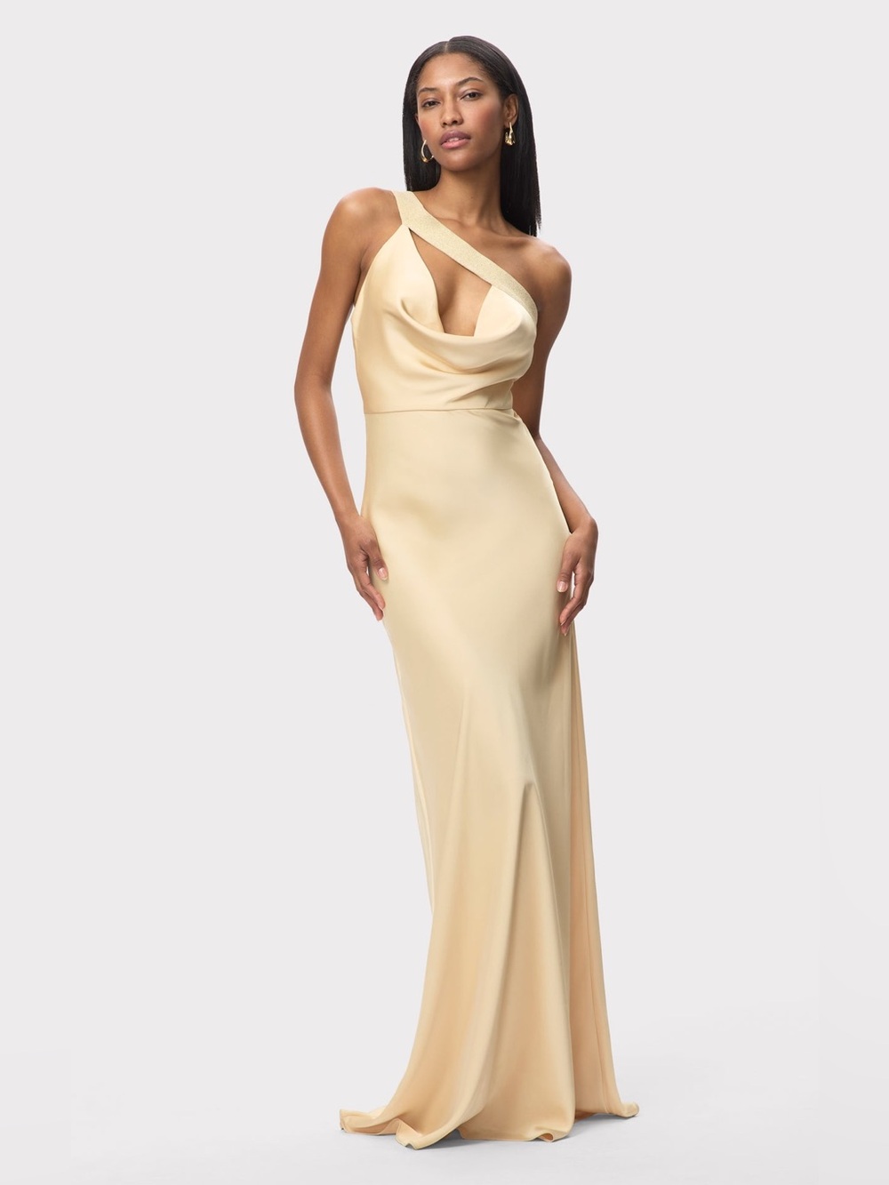 NWT Herve Leger One-Shoulder Gold Satin “Fiona” Gown size 6